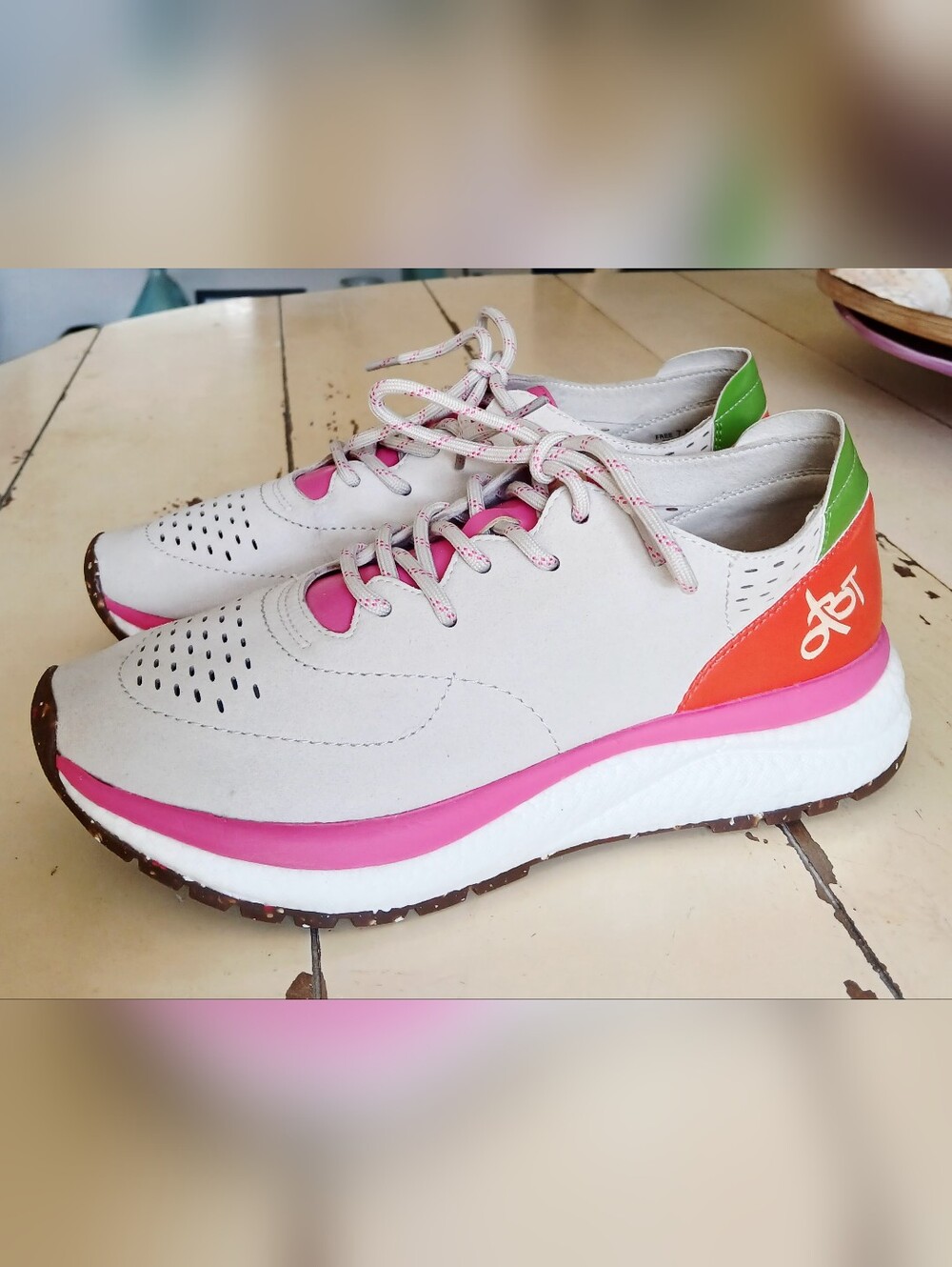 OTBT Women's Travel Lite Beige Sneaker with Pink and Orange Accents